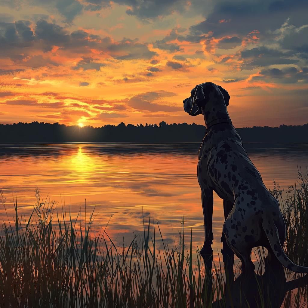 Great Dane Watching Sunset at Lake