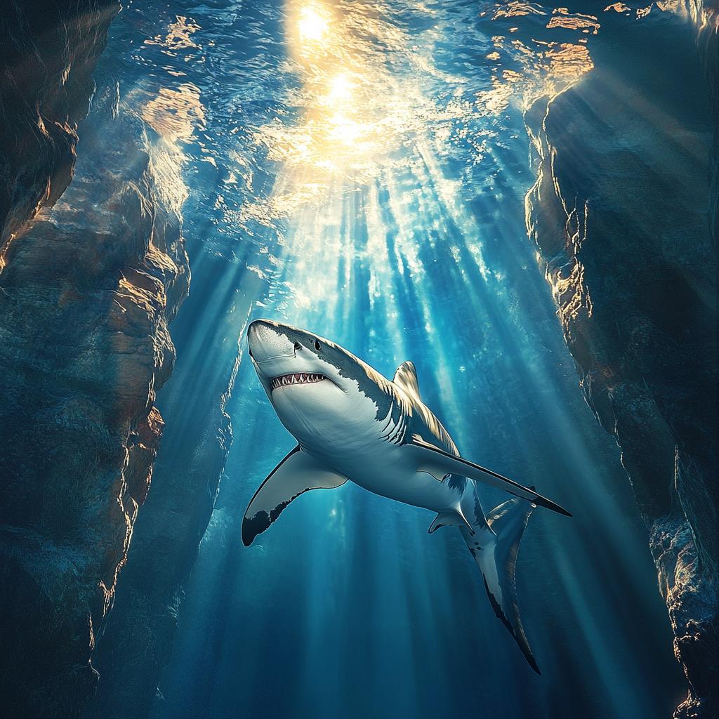Great White Shark Swimming Through Cliffs