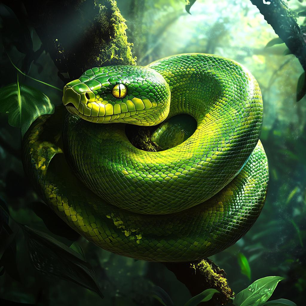 Green Tree Python Resting on Branch in Forest
