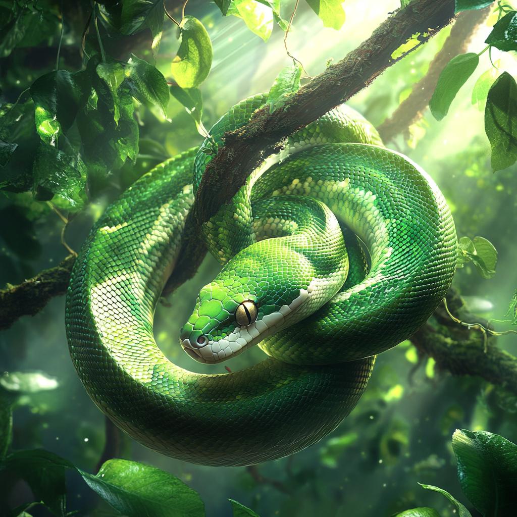 Green Tree Python on Branch in Rainforest
