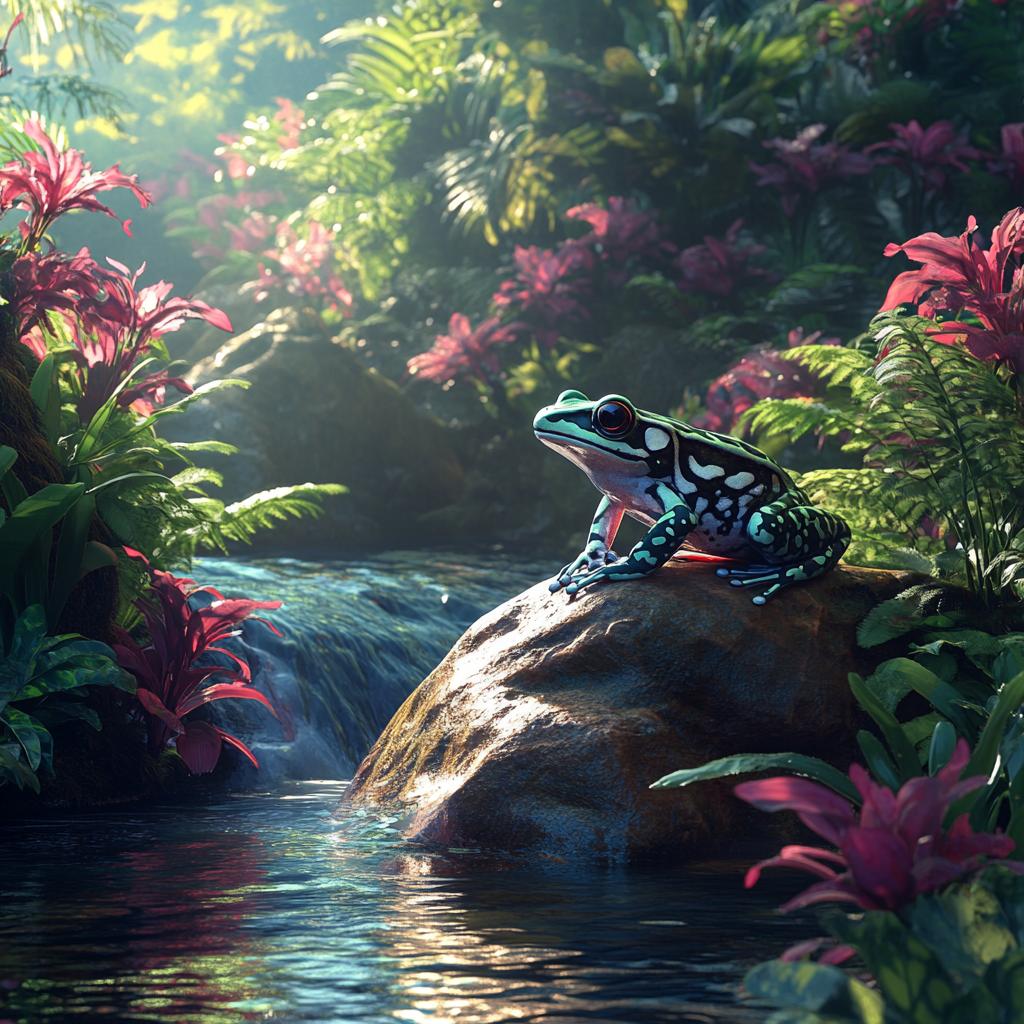 Green and Black Dart Frog by River Rock