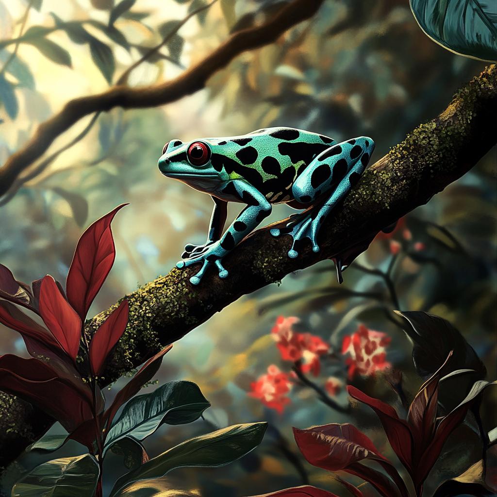 Green and Black Dart Frog on Branch