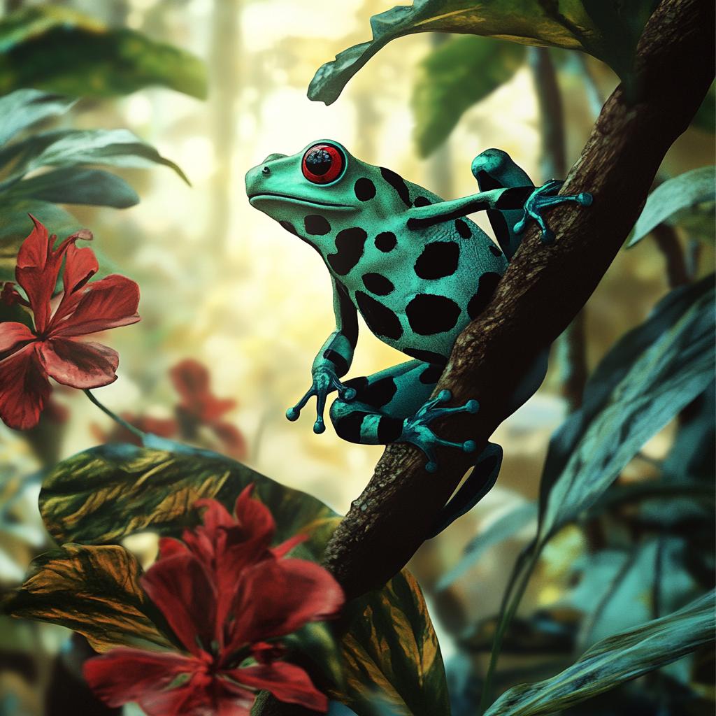 Green and Black Dart Frog Hanging on Branch
