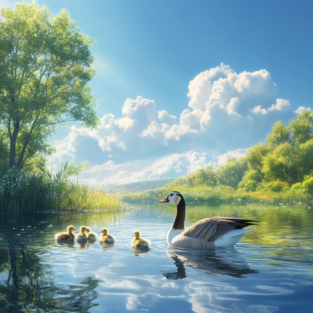 Greylag Goose with Ducklings Swimming