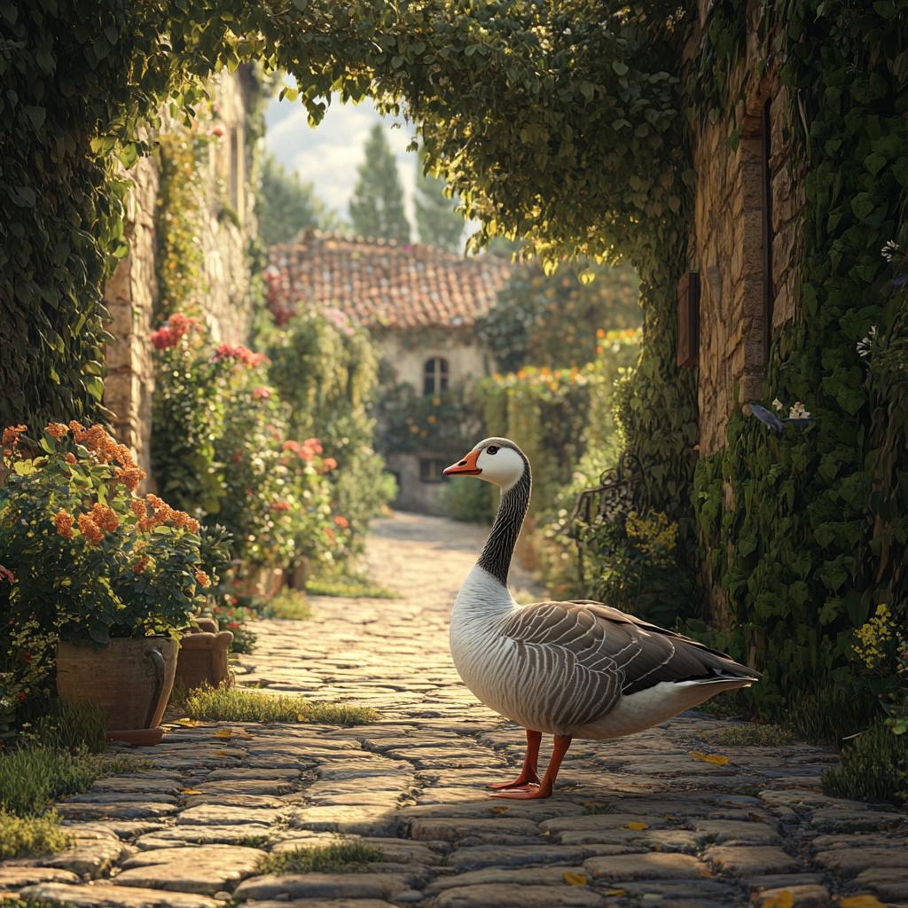 Greylag Goose Walking in Medieval Town