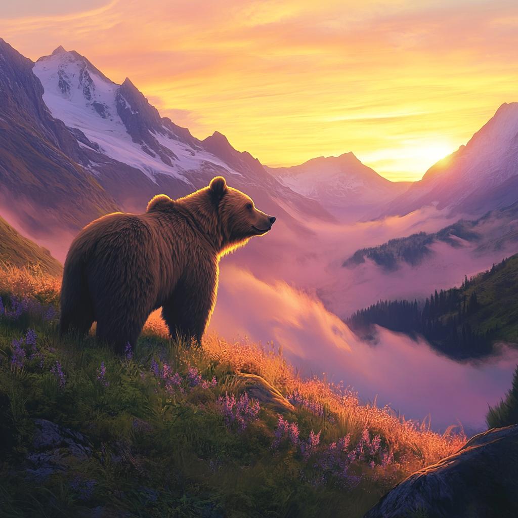 Grizzly Bear Overlooking Misty Snowy Mountains