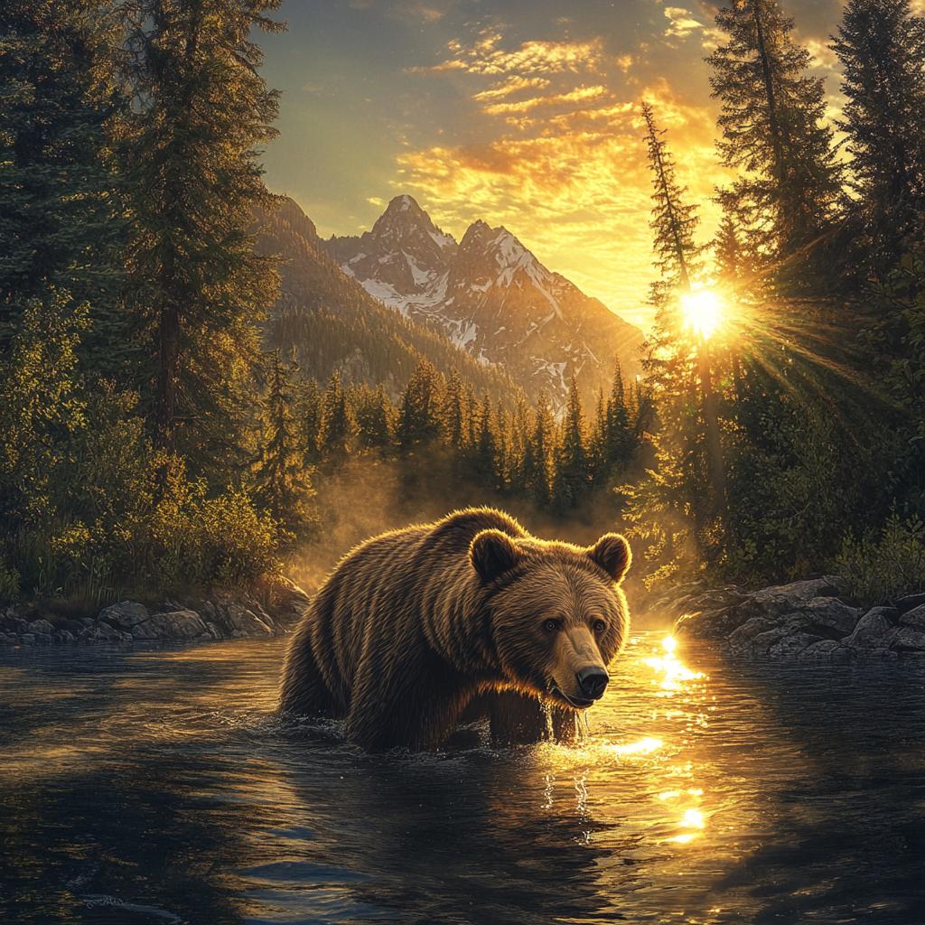 Grizzly Bear Hunting Fish in Sunset River