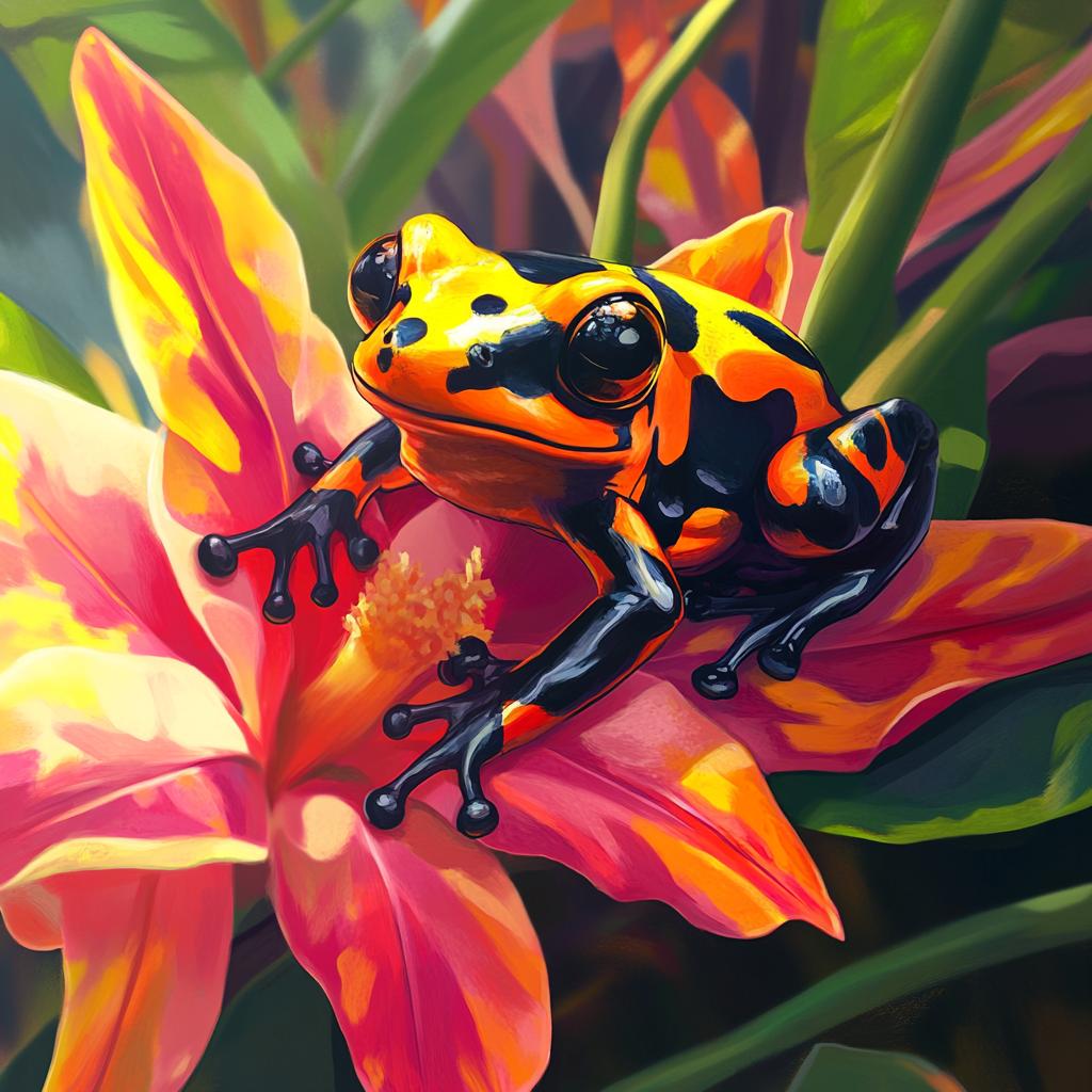 Harlequin Dart Frog Resting on Vibrant Flower