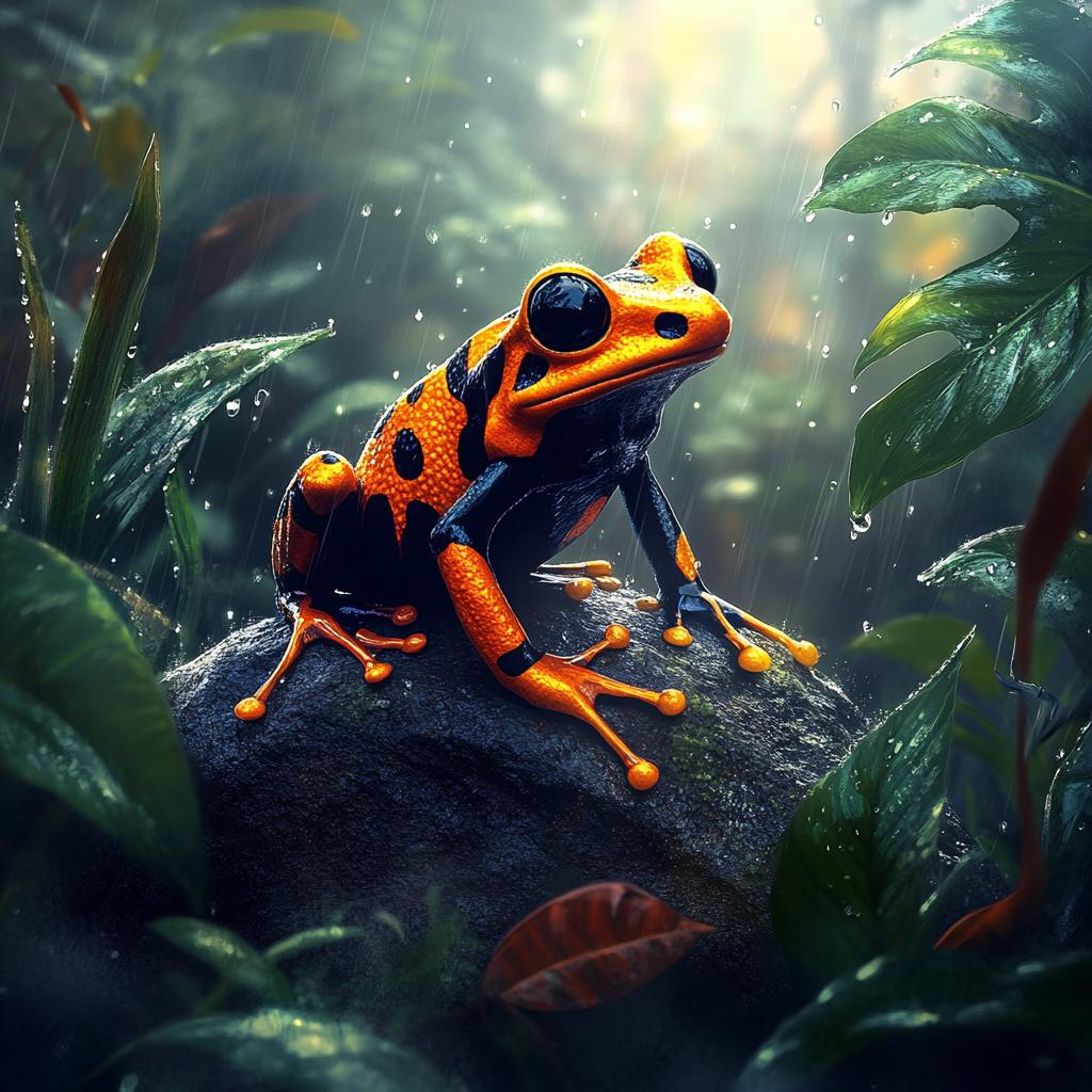 Harlequin Frog Sitting on Rainy Leaf