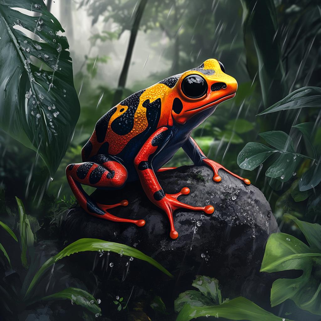 Harlequin Frog on Wet Rock in Rainforest