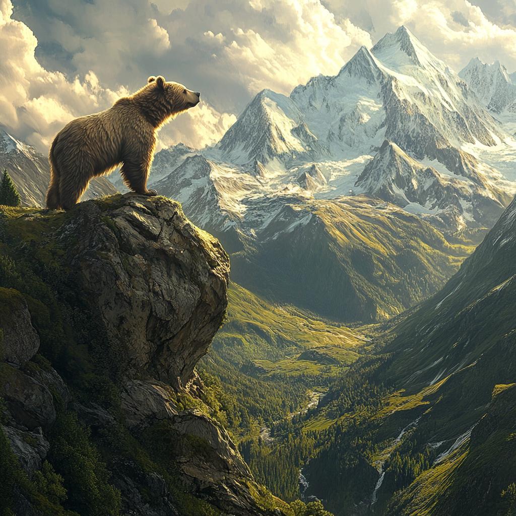 Himalayan Brown Bear on Cliff Over Mountains