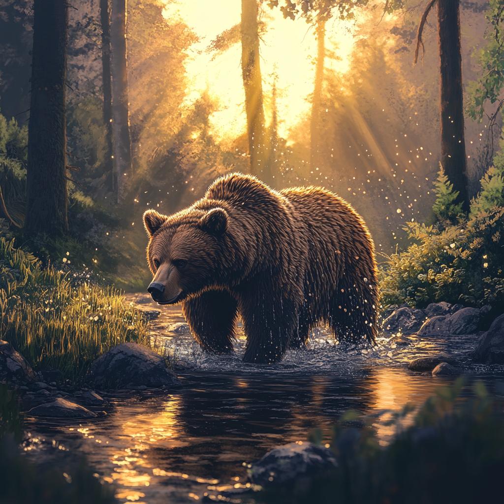 Himalayan Brown Bear Crossing Forest River