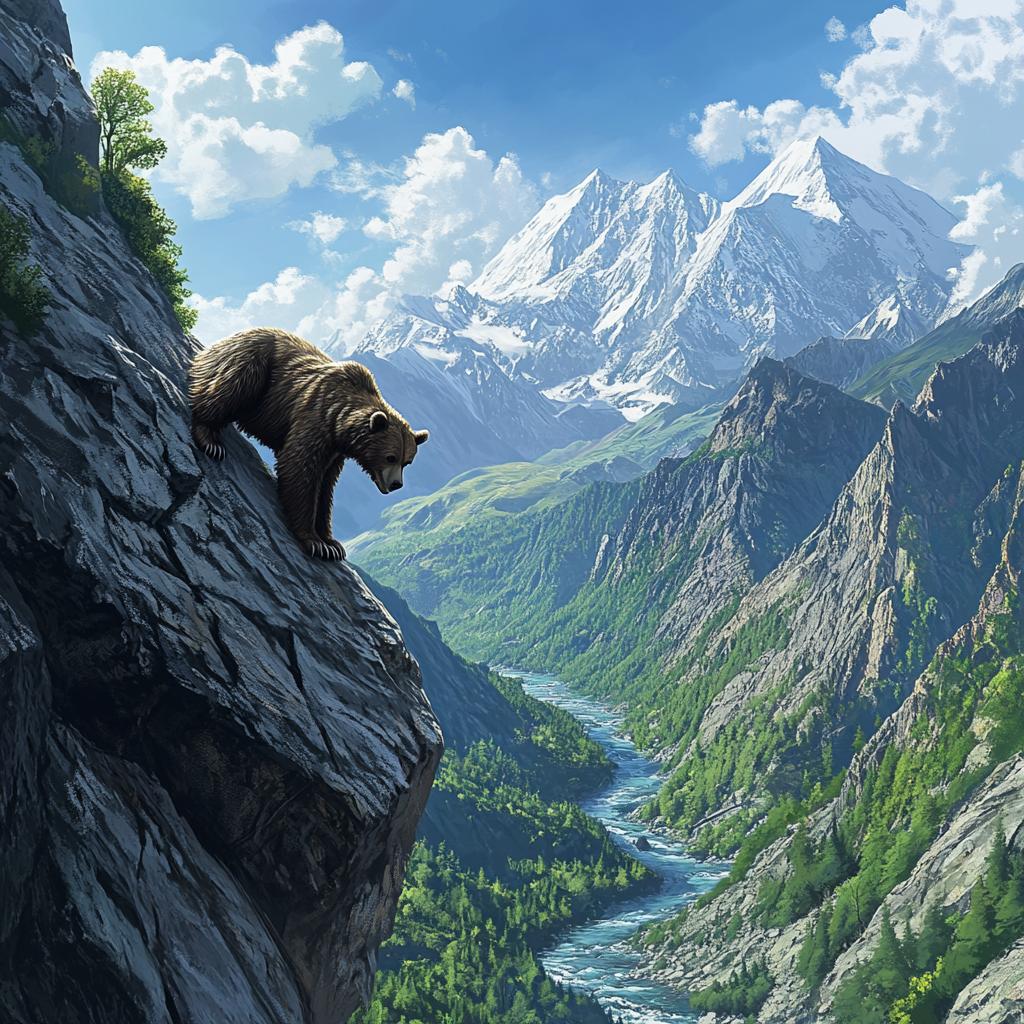 Himalayan Brown Bear Climbing Down Cliff