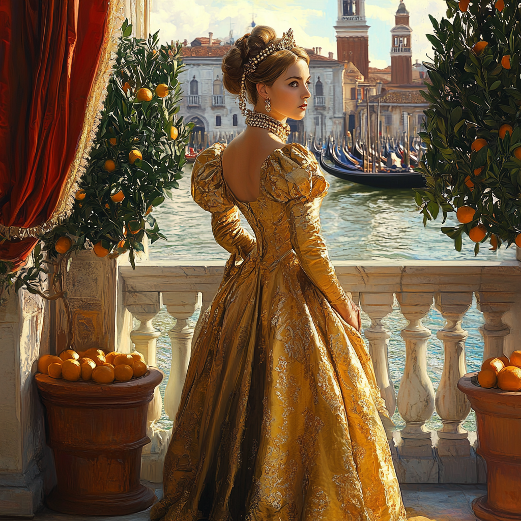 Venetian Princess on Balcony Over River