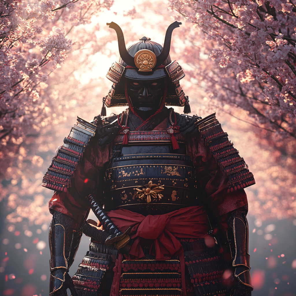 Samurai Portrait Among Pink Blossoms