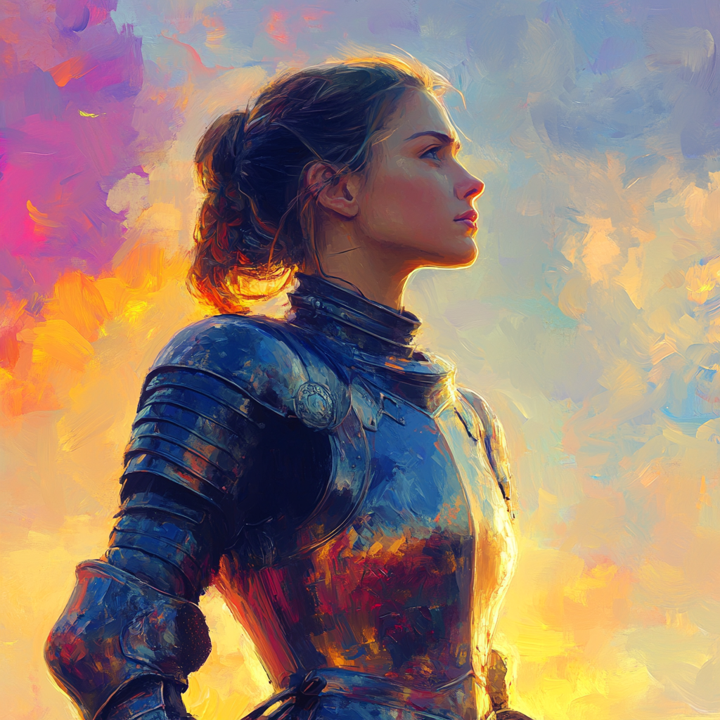 Joan of Arc in Armor at Sunrise Battlefield