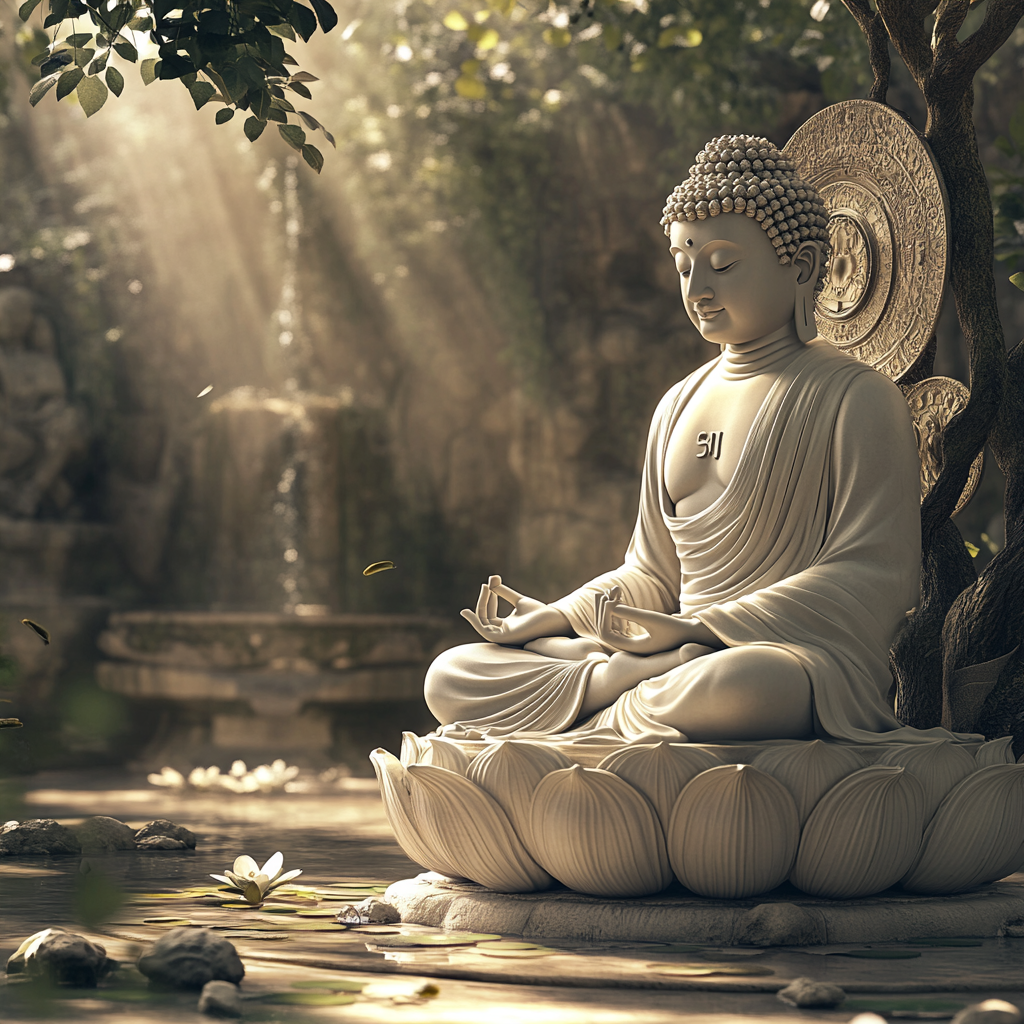 Buddha Statue Still Life with Lilies