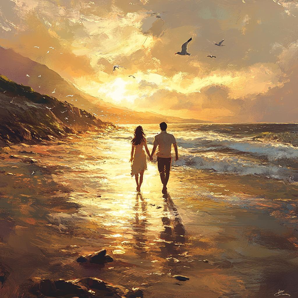 Couple Holding Hands at Sunset Seashore