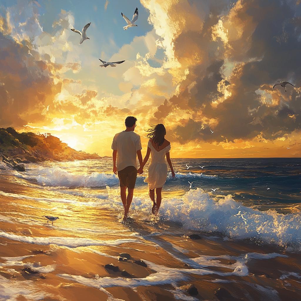 Couple Holding Hands on Sunset Seashore