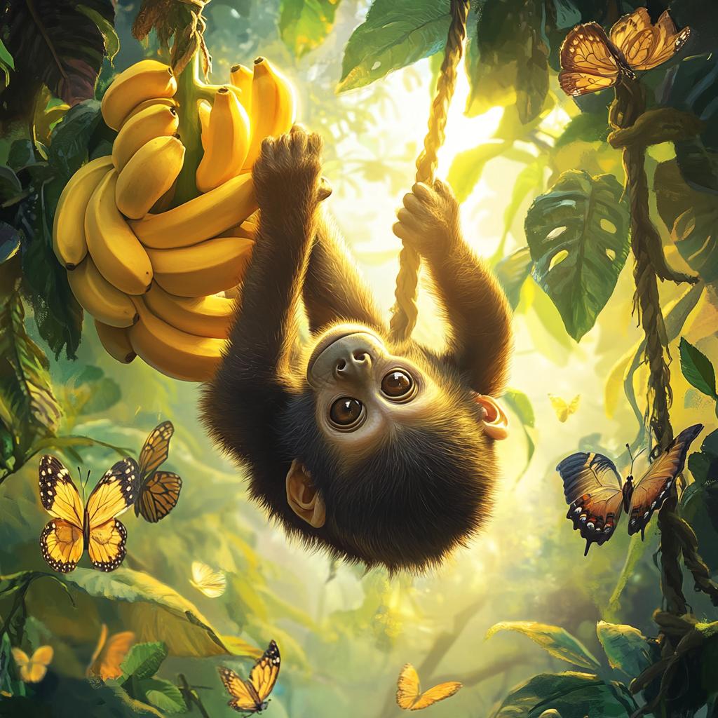 Young Howler Monkey Hanging with Bananas