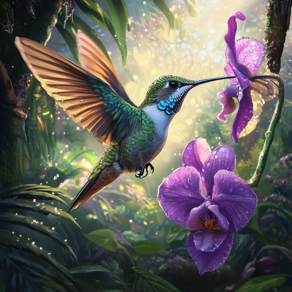 Hummingbird Feeding from Purple Flower