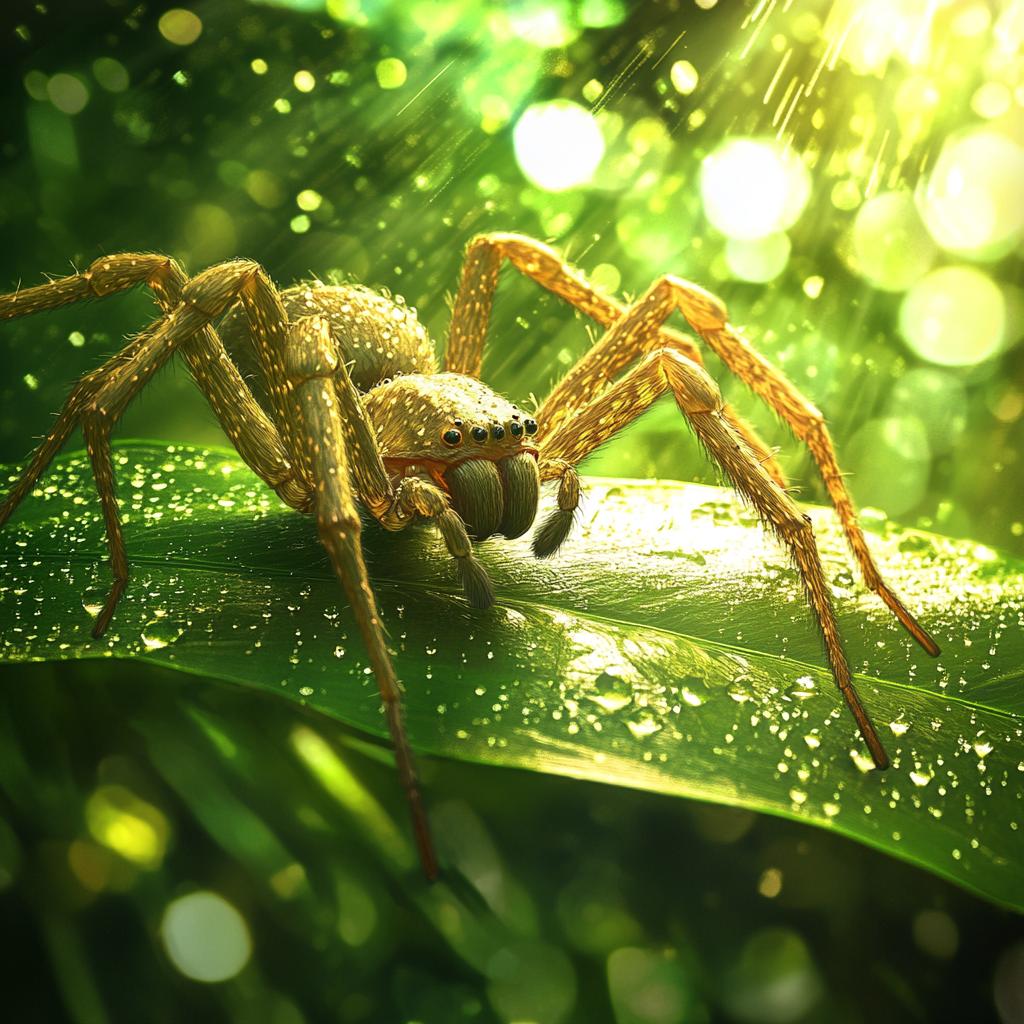 Huntsman Spider on Rainy Leaf Portrait