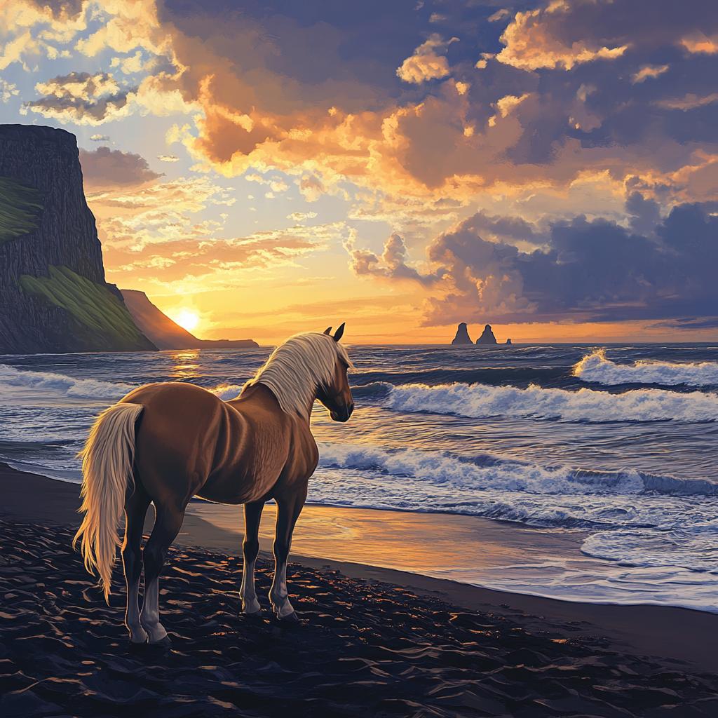 Icelandic Horse on Black Sand Beach