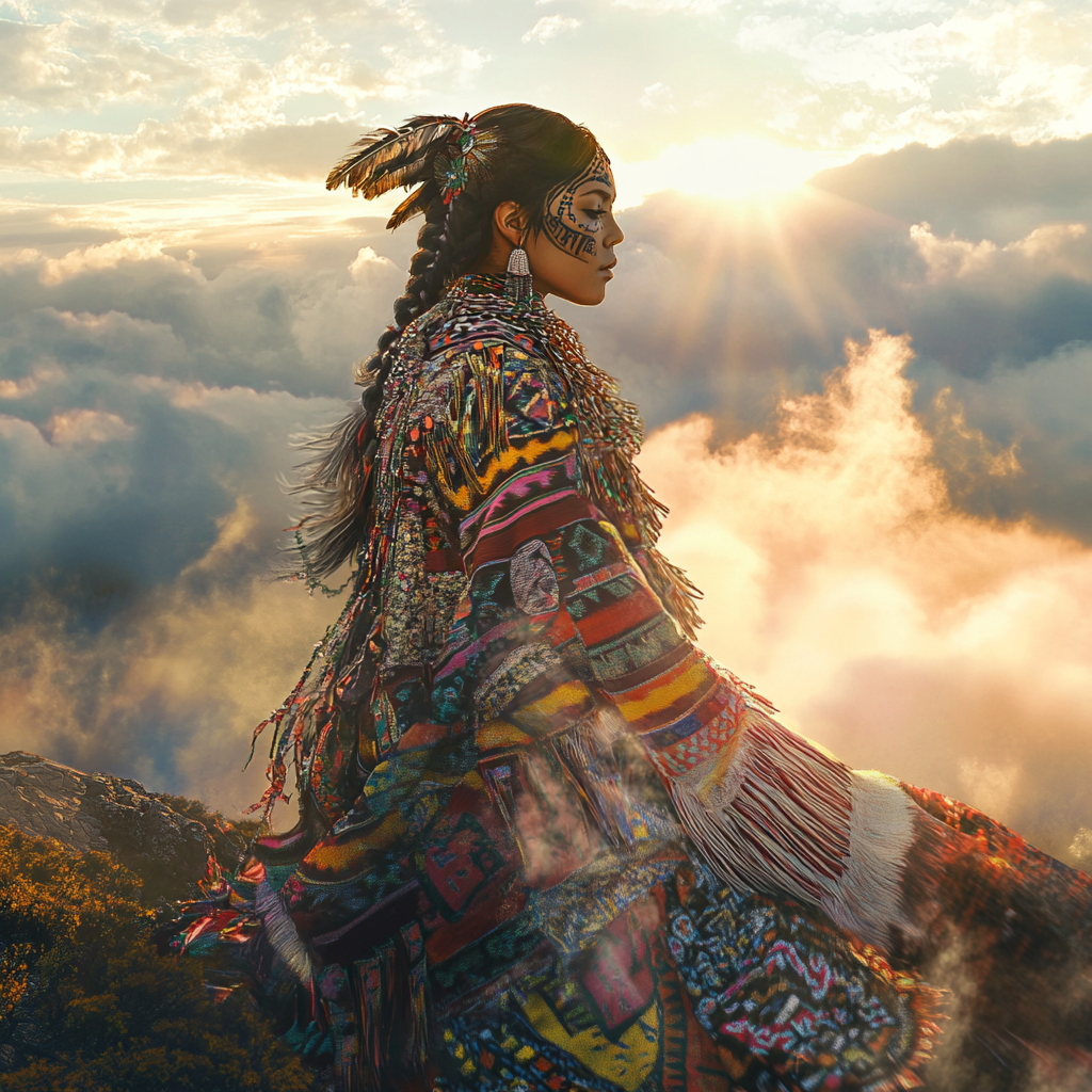 Indigenous Woman at Sunrise on Mountaintop