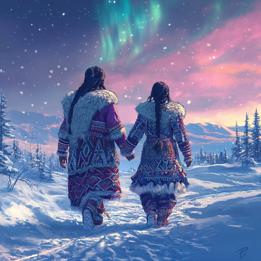 Arctic Mother and Daughter in Snowy Tundra