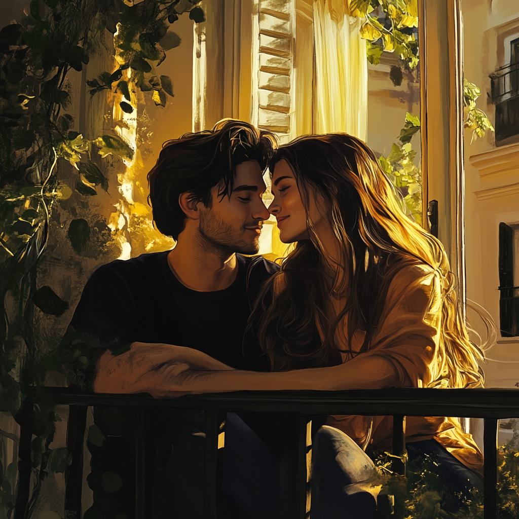 Romantic Couple on Balcony Holding Hands