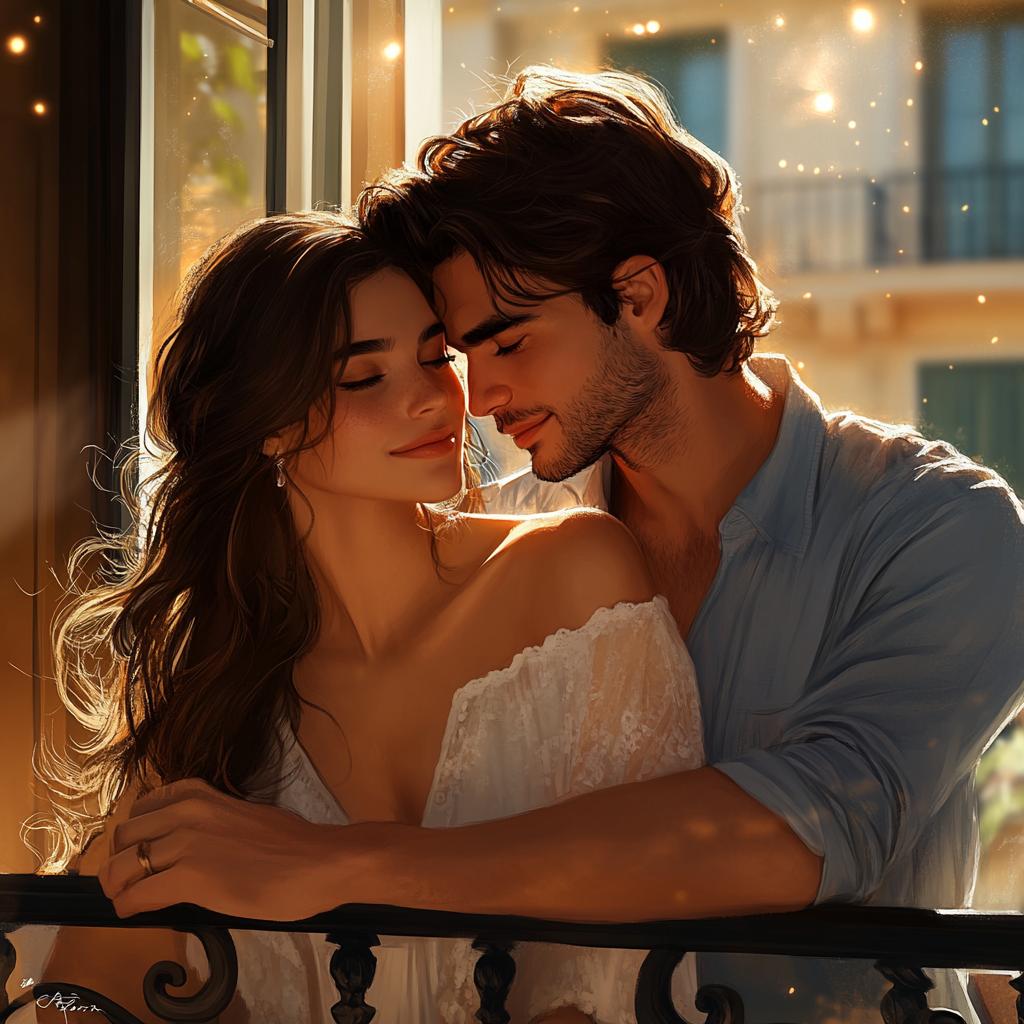 Couple Cuddling on Balcony with Foreheads Touching