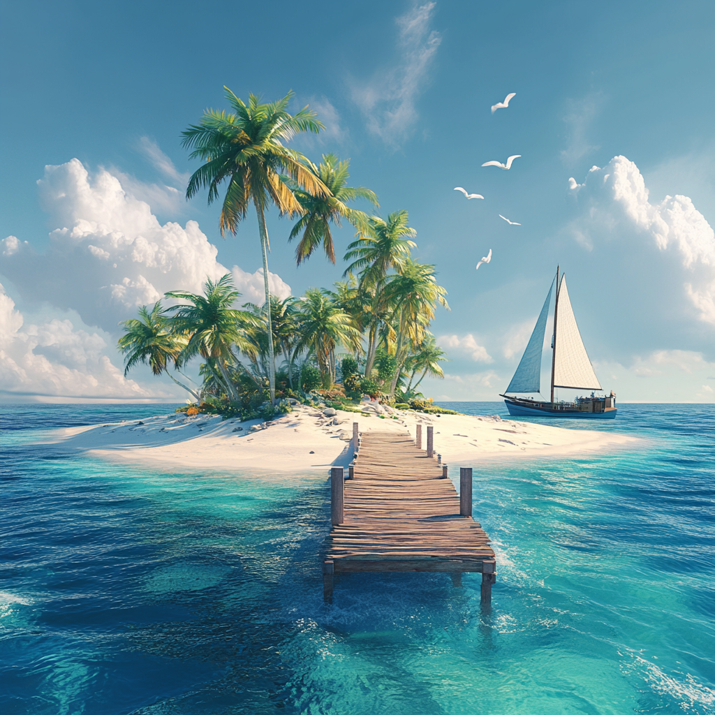 Tropical Island with Palm Trees and Boat