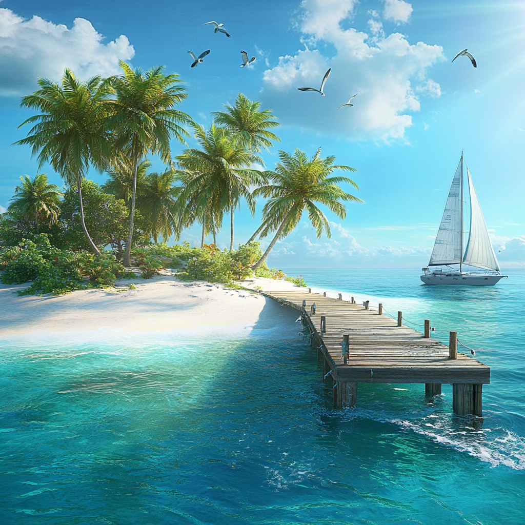 Island with Palm Trees and Wooden Bridge