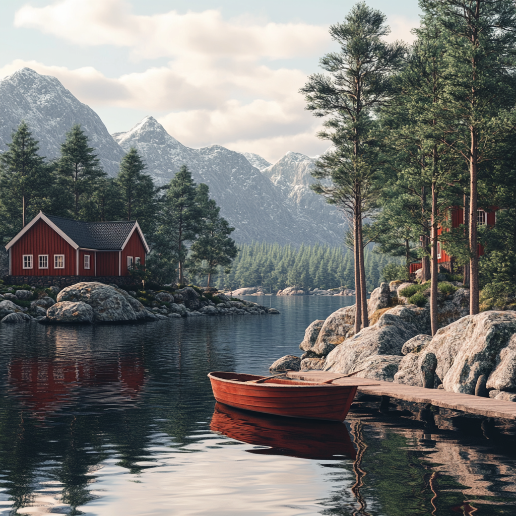Small Island in Norway with Wooden Boat
