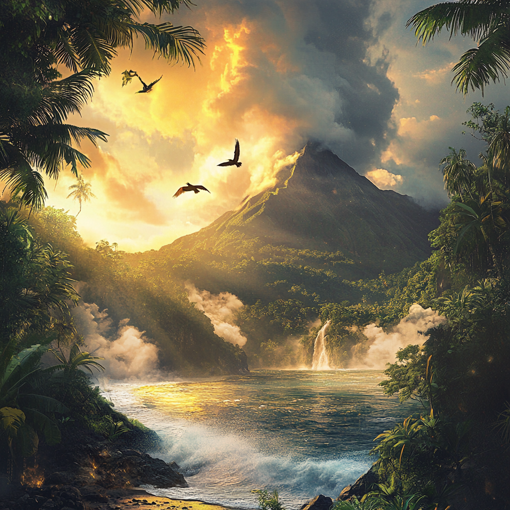 Beach View of Island with Mountain Backdrop