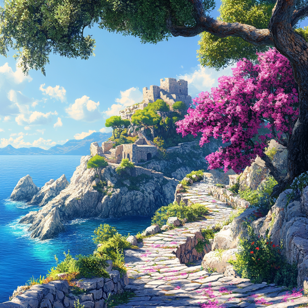Coastal Cliffs with Pink Flowers View