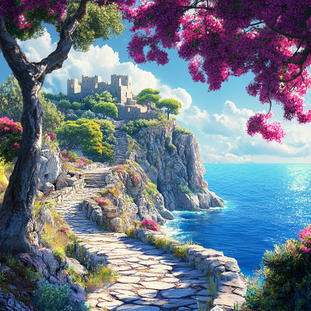 Cliffside Ocean View with Pink Flowers