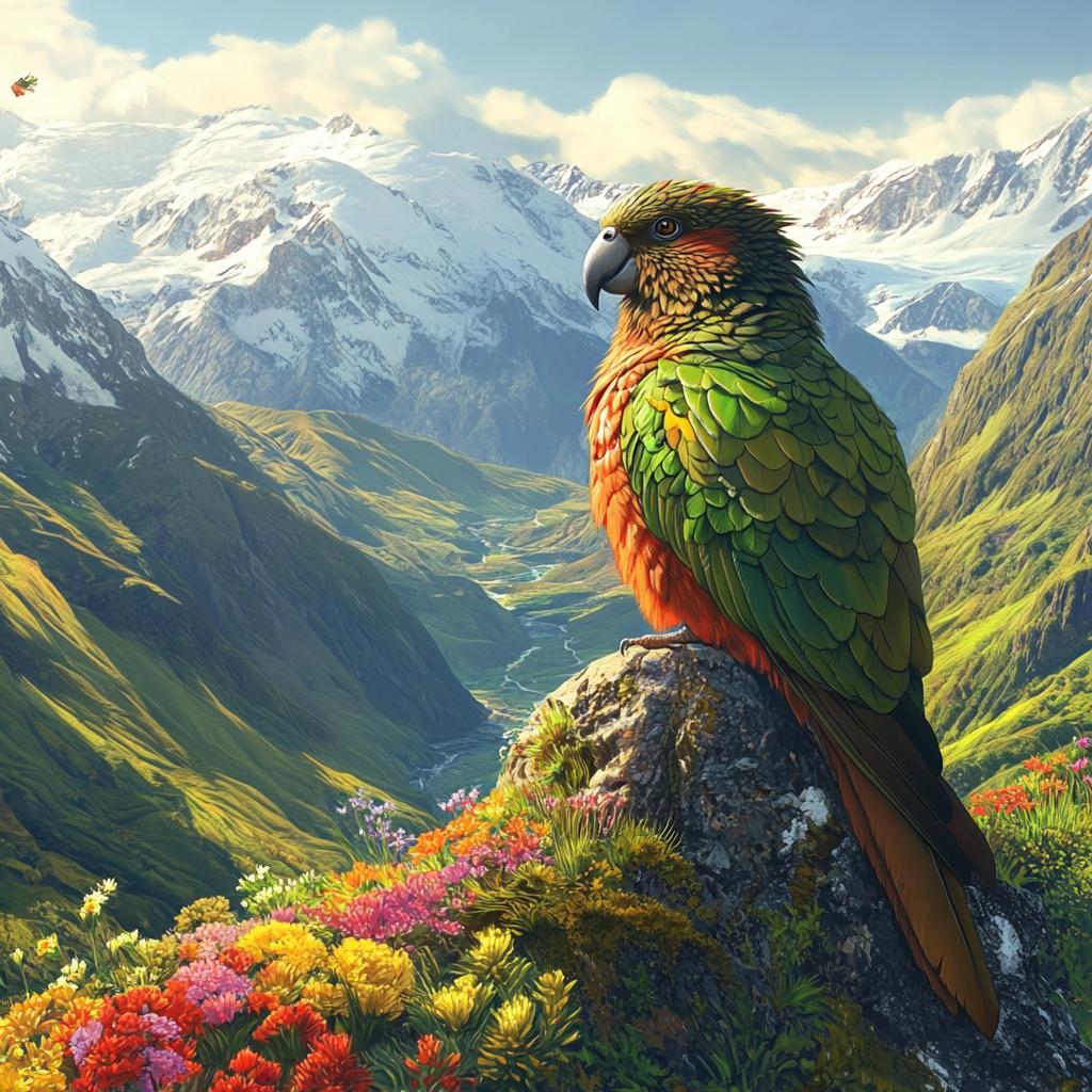 Kea Resting on Rock Over Snowy Mountains