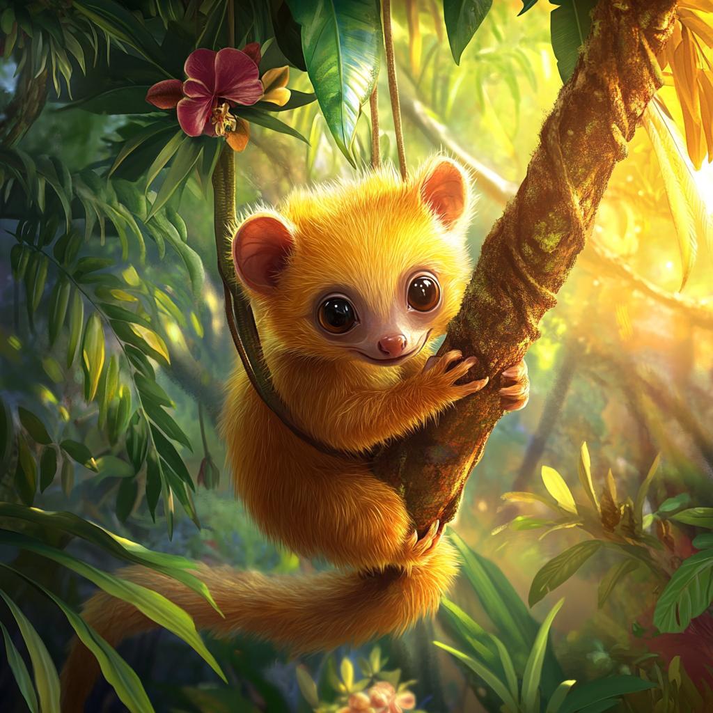 Kinkajou Hanging on Rainforest Branch