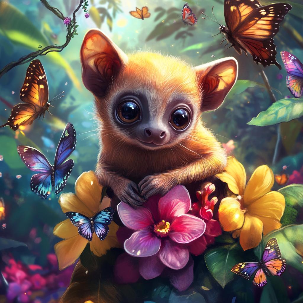 Kinkajou Sitting Among Flowers