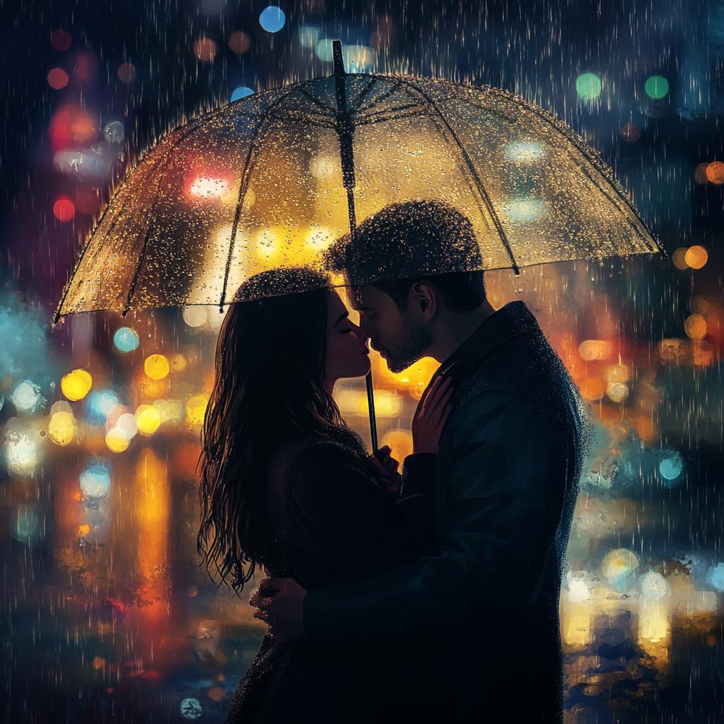 Couple Kissing Under Rainy Umbrella