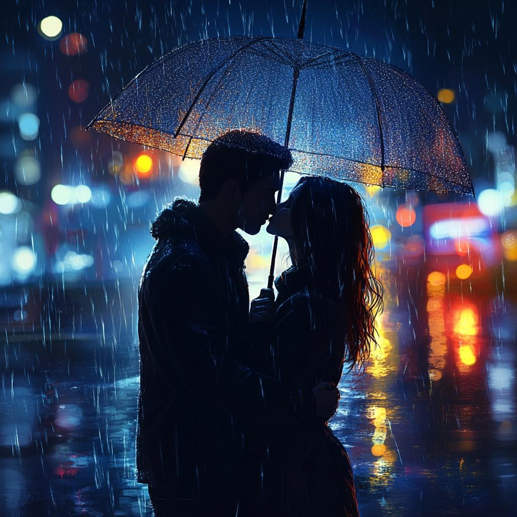 Lovers Kissing in Rain Under Umbrella