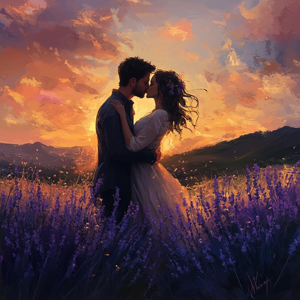Couple Kissing in Purple Flower Field