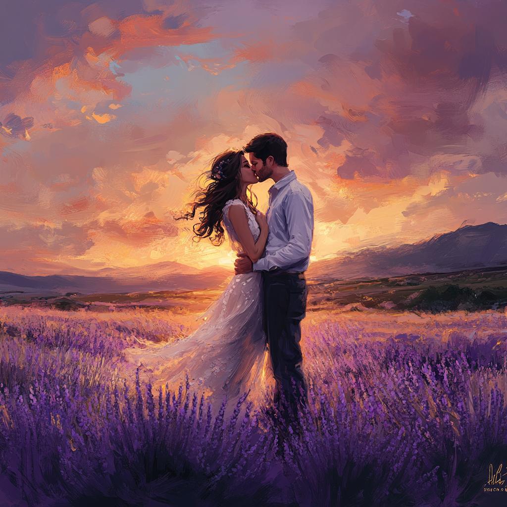 Romantic Kiss in Sunset Flower Field