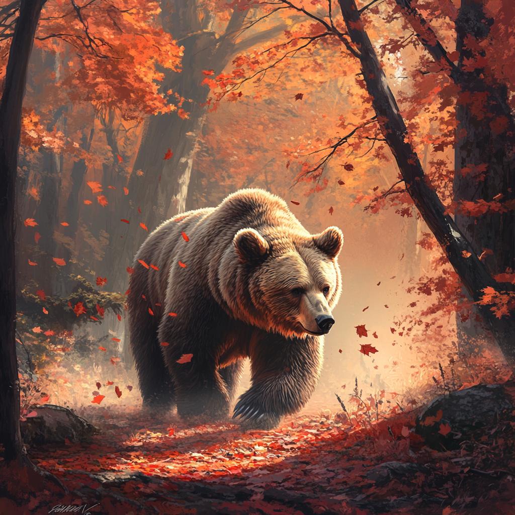 Brown Bear Strolling Through Autumn Woods