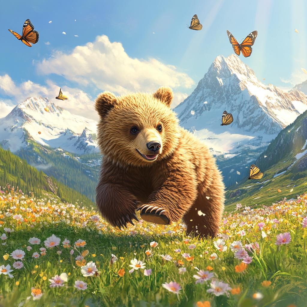Baby Kodiak Bear Playing with Butterflies