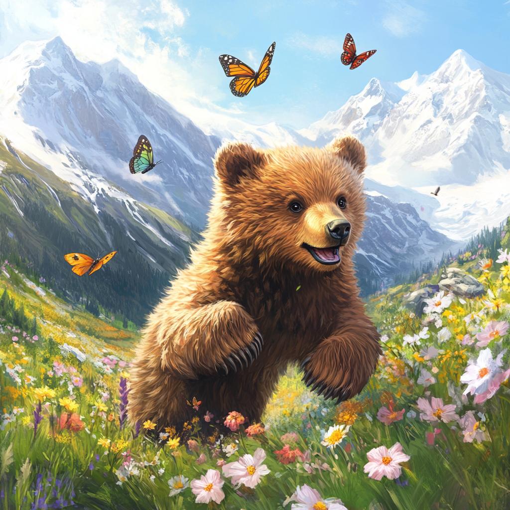 Young Kodiak Bear Jumping Among Butterflies