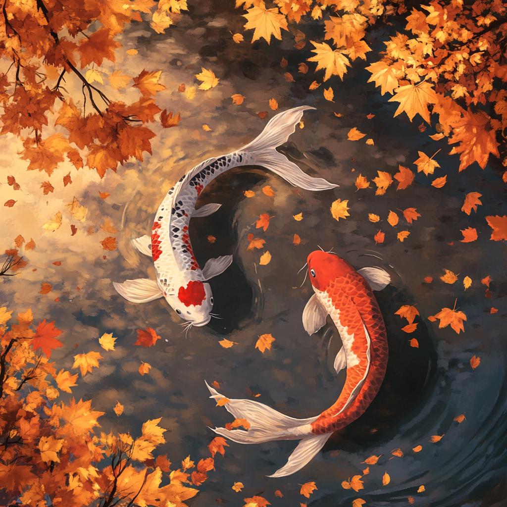Two Koi Fish Swimming with Leaves