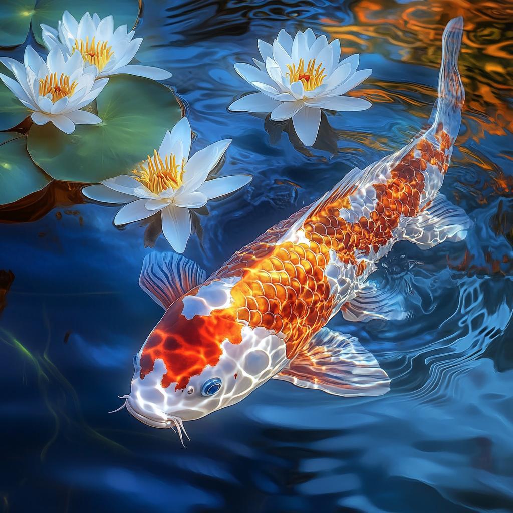 Koi Fish Next to Water Lilies