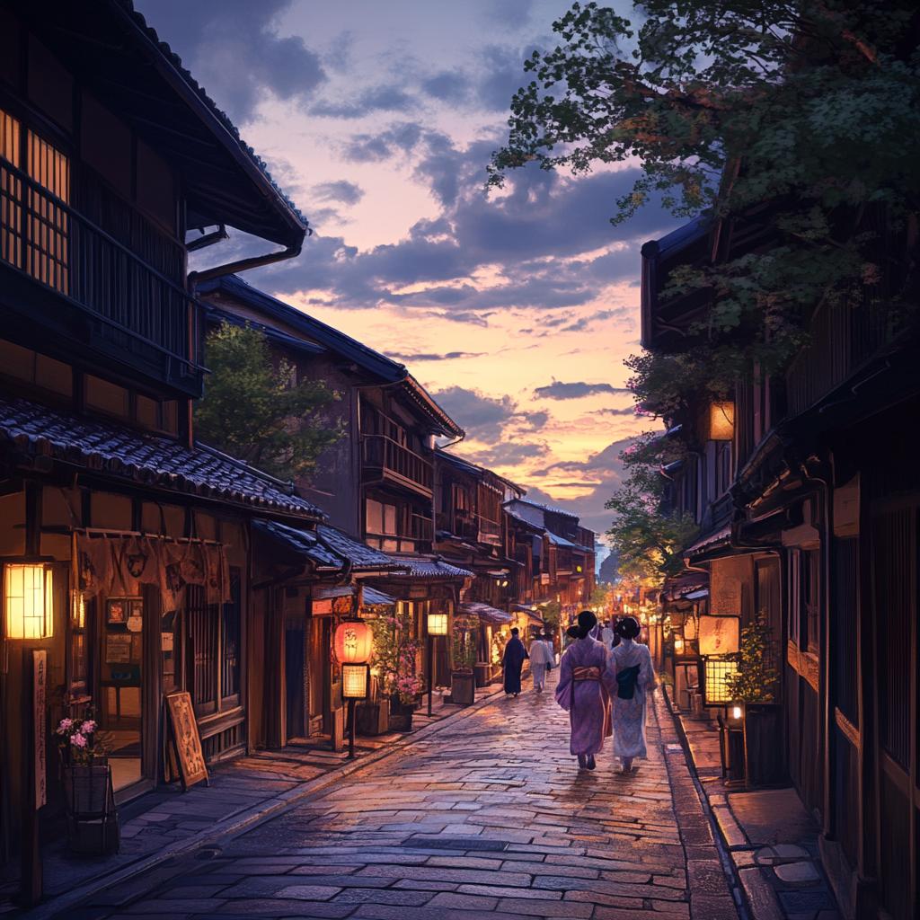 Kyoto Street Scene at Sunset